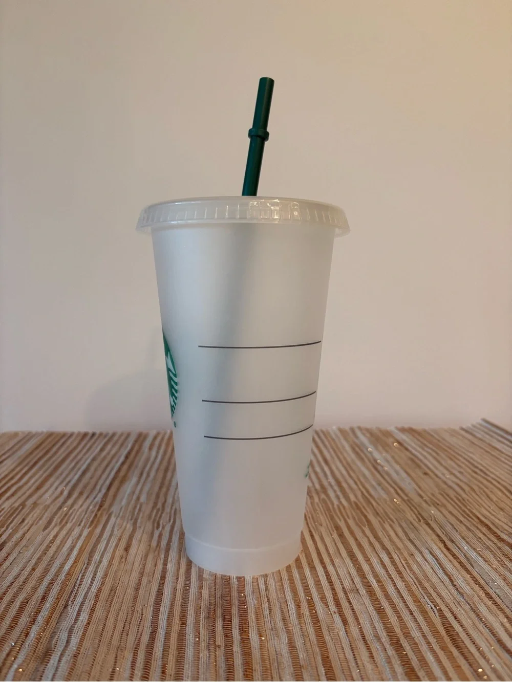 Starbucks Reusable White Plastic Cold Cup with Green Logo and Straw